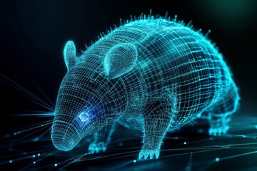 Poster - a digital hologram of an armadillo with neon blue lights and a grid pattern, set against a dark back