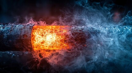 Poster - Dynamic glowing pipe emitting misty patterns industrial setting digital art abstract environment close-up view vision concept