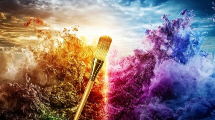 Aufkleber - Golden paintbrush creates vibrant color pathway amidst chaotic waves in surreal landscape
