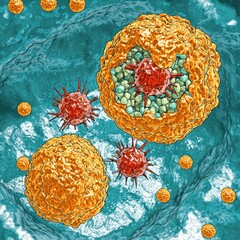 Poster - Microscopic View of Cells and Pathogens in a Vibrant Environment