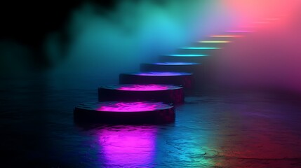 Poster - Neon Lit Cylindrical Steps Ascending Into Fog