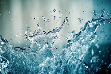 Poster - A splash of water with many droplets. The water is blue