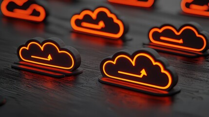 Poster - Neon Cloud Icons with Arrow on Dark Surface for Digital Concept