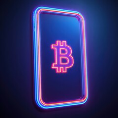 Poster - Neon Smartphone Displaying Bitcoin Symbol in Bright Colors