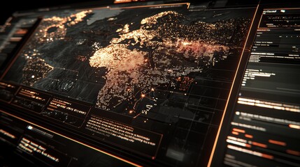 Poster - Detailed Digital World Map with Illuminated Locations and Data Display