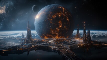 Poster - Futuristic city orbiting a massive planet outer space digital art sci-fi environment wide-angle view cosmic wonder