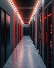 Poster - Futuristic Server Room Corridor with Neon Lighting and Dark Aesthetic