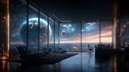 Poster - Futuristic space command center panoramic view sci-fi interior cosmic environment modern design innovative technology