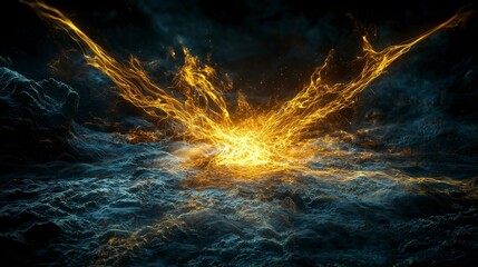 Poster - Golden energy ripple erupting in dark void abstract art digital creation surreal environment dynamic view mystical concept