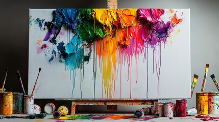 Poster - Vibrant color dripping art creation studio painting artistic environment close-up abstract expression
