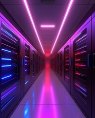 Poster - Futuristic Data Center Corridor with Neon Lighting and Servers