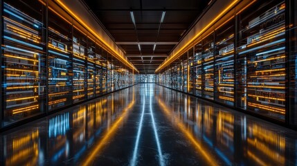 Poster - Futuristic Data Center Hallway with Bright Illuminated Servers