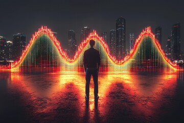 Poster - Person Standing in Front of Vibrant City Skyline with Data Visualization