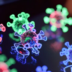 Poster - Colorful 3D Virus Illustration with Neon Lights and Reflections