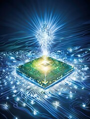 Fototapete - Futuristic Microchip with Radiant Light and Circuit Patterns