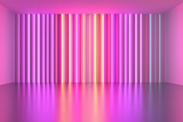 Poster - Vibrant Neon Lights Wall with Reflections in a Modern Space