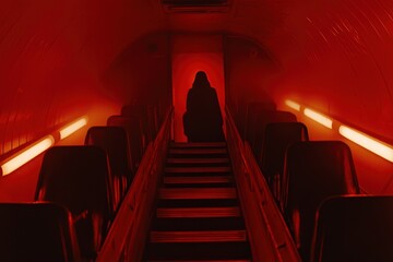 Poster - Mysterious Figure in a Dark Red Tunnel with Stairs and Seats