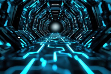 Poster - Futuristic Technology Tunnel with Glowing Blue Circuits and Lights