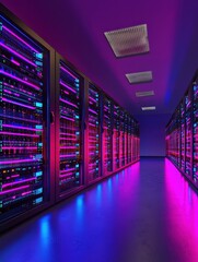Poster - Futuristic Server Room with Colorful LED Lights and Data Equipment