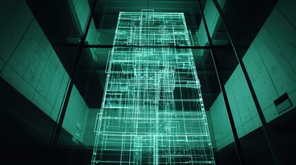 Poster - Futuristic Neon Blueprint Display in Modern Architectural Space
