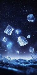 Poster - A blue sky with ice cubes falling from it. The ice cubes are scattered all over the sky
