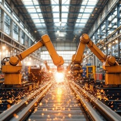 Poster - Robotic Arms Welding Sparks in Industrial Manufacturing Setting