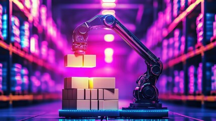 Poster - Robotic Arm Handling Boxes in Vibrant Warehouse Setting