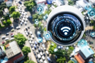 Poster - Surveillance Camera Overlooking Urban Street with Digital Connections