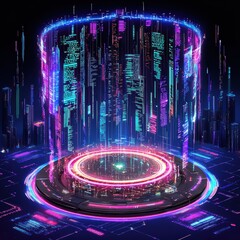 Poster - Futuristic Digital Cityscape with Neon Lights and Holographic Display