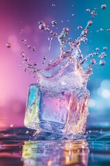 Poster - A cube of ice is floating in a pool of water. The water is splashing and the ice is melting