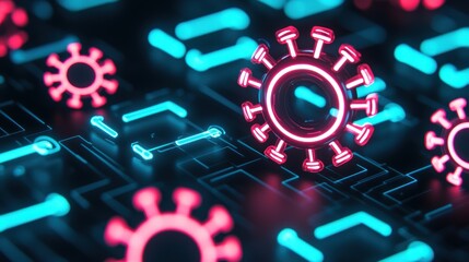 Poster - Abstract Digital Background with Neon Virus Icons and Circuit Patterns