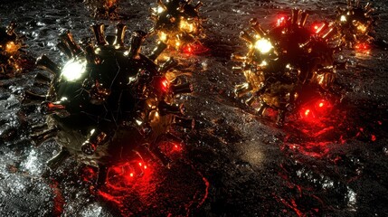 Poster - Glossy metallic spheres with spikes on a dark reflective surface