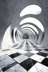Poster - A stunning futuristic tunnel with geometric patterns and natural light, showcasing modern architectural design.