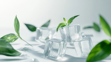 Wall Mural - A close up of three ice cubes with a leaf on top. The ice cubes are arranged in a pyramid shape, with the leaf on top. Concept of freshness and coolness, as the ice cubes