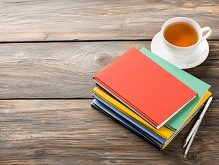 Poster - travel vacation guides, cozy lighting, a stack of travel guides and a globe on a rustic wooden table, with a steaming cup of tea nearby