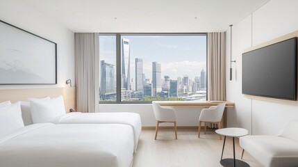 Poster - travel vacation accommodation, luxurious tone, an elegant hotel room with a view of the city skyline