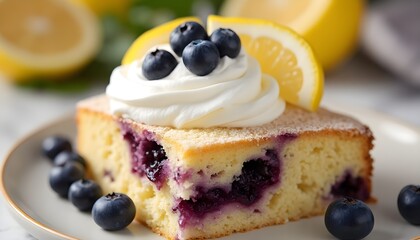 Inviting Lemon Blueberry Poke Cake with Whipped Cream and Fresh Fruit