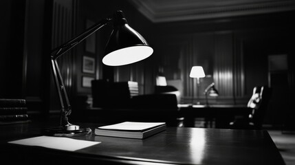 Poster - A desk with a lamp on it. A book is on the desk. There is a chair in the background