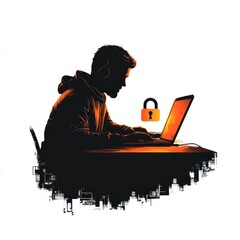 Poster - Silhouette of person using laptop at night, cybersecurity concept.