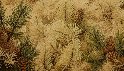 Close-up of pine tree branches with green needles against a beige background.