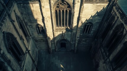 Poster - The inside of a church with a large window and a small doorway. The light is shining through the window, creating a warm and inviting atmosphere