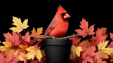 autumn cardinal red bird on branch fall leaves hdr nature photography