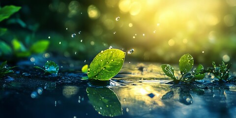Poster - A leaf is sitting on a wet surface, with water droplets falling from it