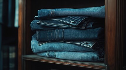 A stack of luxury denim jeans with different washes and detailing, folded neatly on a polished wooden shelf