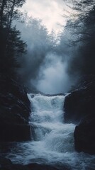 Wall Mural - A waterfall is shown in a forest with mist in the air