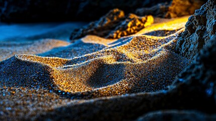 Poster - Illuminated sand patterns at a beach cove nature scene closeup view tranquil environment art concept