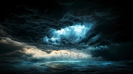 Poster - Dark stormy sky with flock of birds over turbulent sea coastal landscape dramatic nature view atmospheric concept
