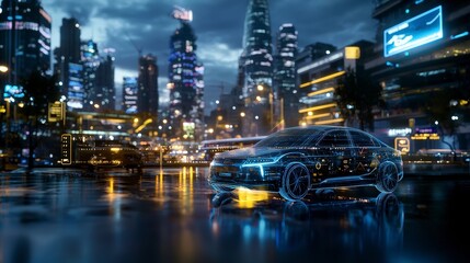 Poster - Autonomous vehicles navigating a vibrant cityscape at night futuristic technology urban environment digital perspective