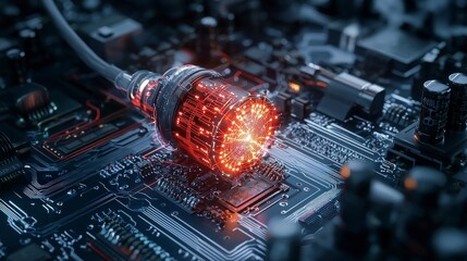 Leinwandbilder - Quantum cryptography device computer circuit digital art technology lab close-up innovation in security