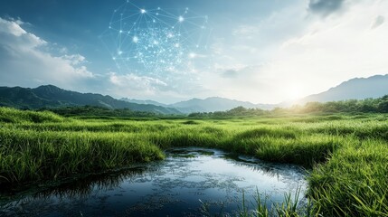 Poster - Global cooperation in a peaceful digital landscape serene nature setting high-resolution environment scenic viewpoint